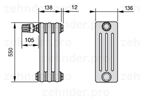 Схема (чертеж) Радиатор Zehnder Charleston 4055/3 №V012 Белый глянцевый RAL 9016